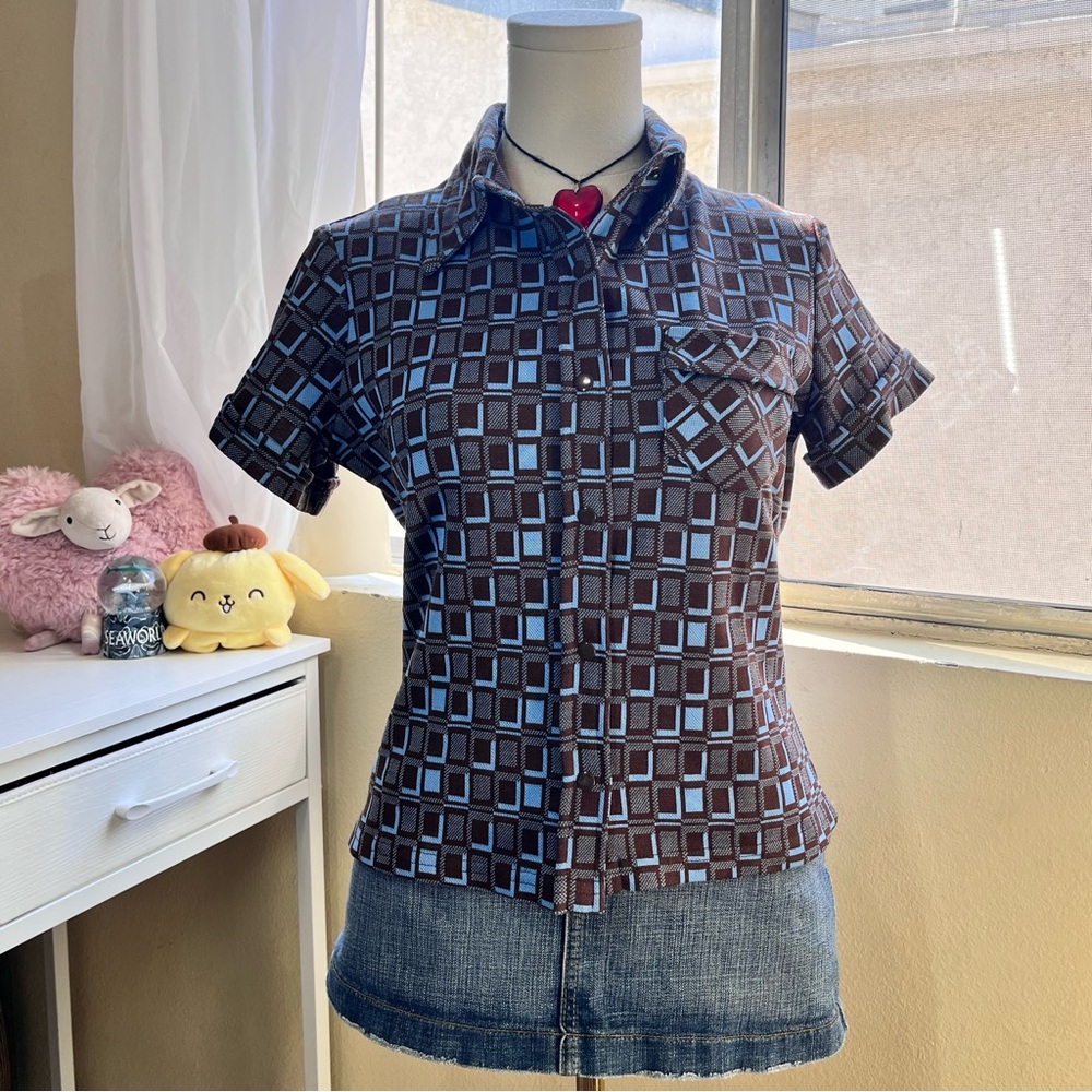 American Eagle brown blue checkered short sleeve button down vintage top size M